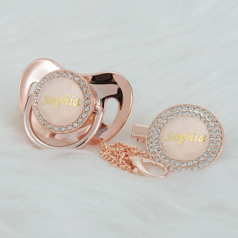 

MIYOCAR Customized any name rose gold pearl bling pacifier and pacifier clip BPA free dummy bling luxurious gift baby shower PS