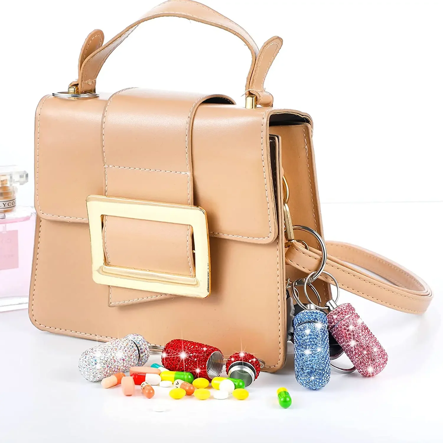 Portable Pill Cases Keychain Mini Medicine Organizer Storage Bottle Full Rhinestone Aluminum Alloy Pill Storage Containers