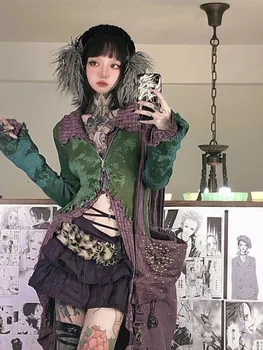 Vintage Street Print Turtleneck Sweaters Mujer Y2k Slim Fit Zipper Knitted Tops Women Spring Aurumn New Long Sleeve Cardigan 2