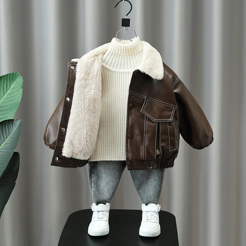 Fashion Boys Leather Jacket Winter Thicken Warm Turn Down Collar Outerwear Children Handsome Fleece Lining Loose Fur Coat