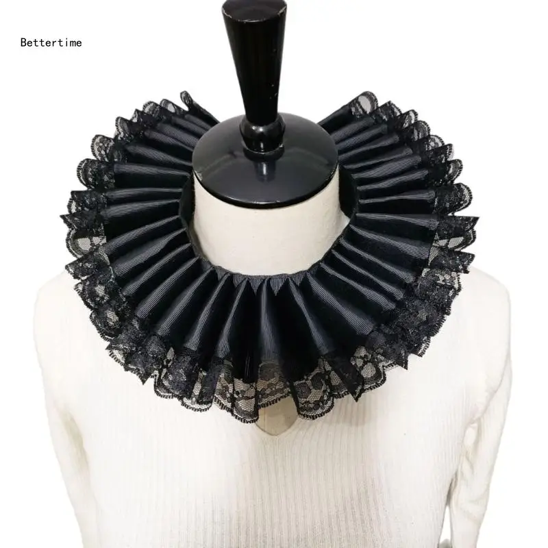 

B36D Elizabethan Neck Collar Lace Trim Ruffled False Collar Victorian Colonial Webbing Necklace for Women Girls