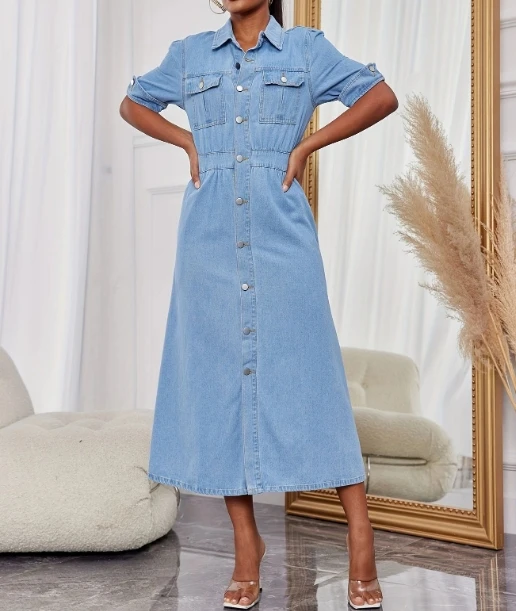 

Women's Denim Dress 2024 Spring and Summer Casual Denim Polo Collar A-Line Short Sleeved Pocket Design Personalized Long Dress