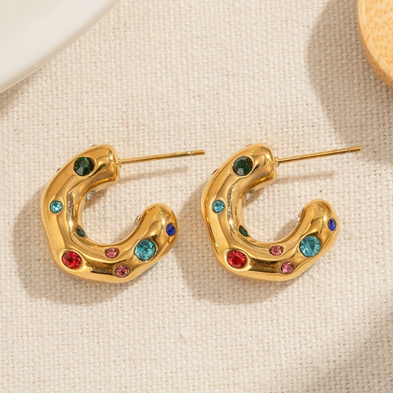 Trendy Gold Color Crystal Stainless Steel Round Earrings For Women