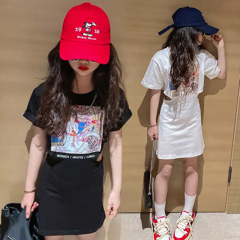 

Girls' Dress Children's New Summer Hollowed-Out Design Clothing Large Children's Waist Waist Show Thin T-Shirt Wrap Hip Skirt