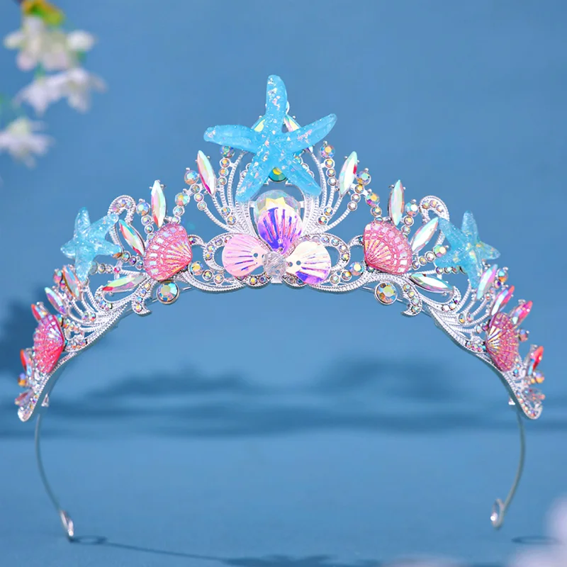 Women Starfish Shell With Rhinestone Crown Mermaid Fish Crown Ocean Style Costume Hair Accessories Princess Birthday Party Tiara