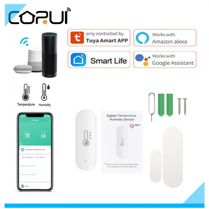 

CORUI ZigBeeTuya Smart Temperature And Humidity Sensor Battery Powered Smart Home Security Works With Alexa Google Home