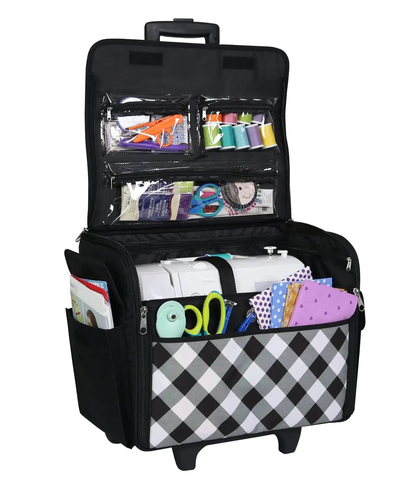 Rolling Sewing Machine Storage and Transport Tote, 600D Polyester alo Check with Wheels