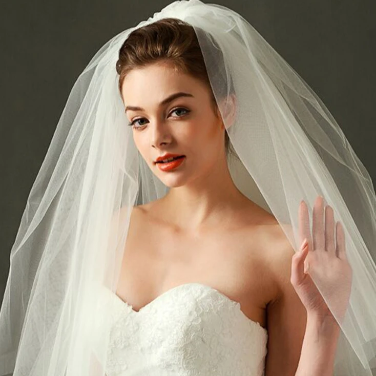 Minimalist Simple Style 2 Tier Double-Layer Women Mesh Fingertip Length  Wedding Veil Plain Pleated Drape Bridal Veil With - AliExpress