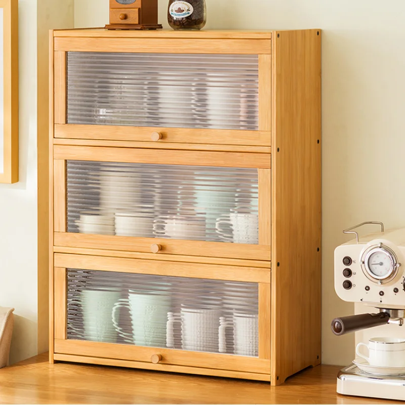 Natural Bamboo Storage Cabinets Dustproof Acrylic Doors Cup Holder Tea Set Display Kitchen Organizer Dining Room