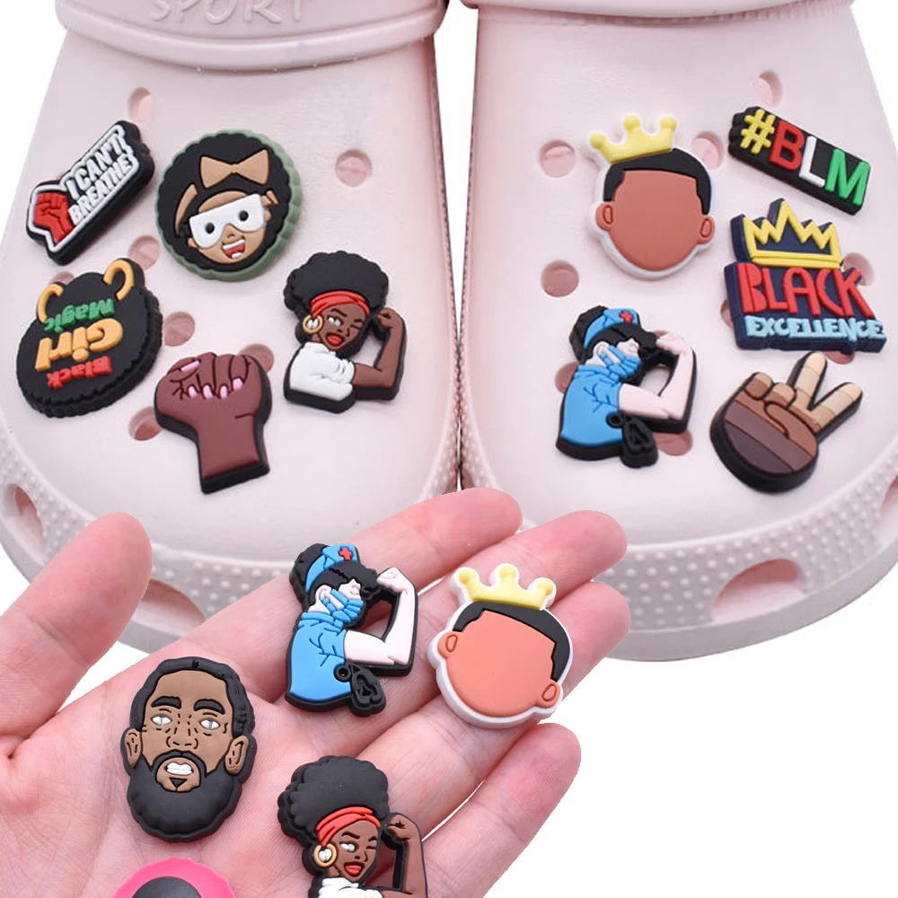 

Hot Sale 1pcs PVC Black Girl Accessories for Crocs Charms Badge Women Clogs Buckle Kids Pins Shoes Decoration Jean X-mas Gift