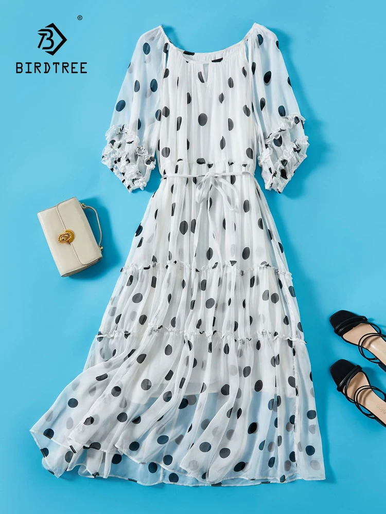 

BirdTree, 100%Real Silk Elegant Dresses, Women Short Sleeve Dot Printed, Beach Vacation French Dress, 2024 Summer New D45469QC