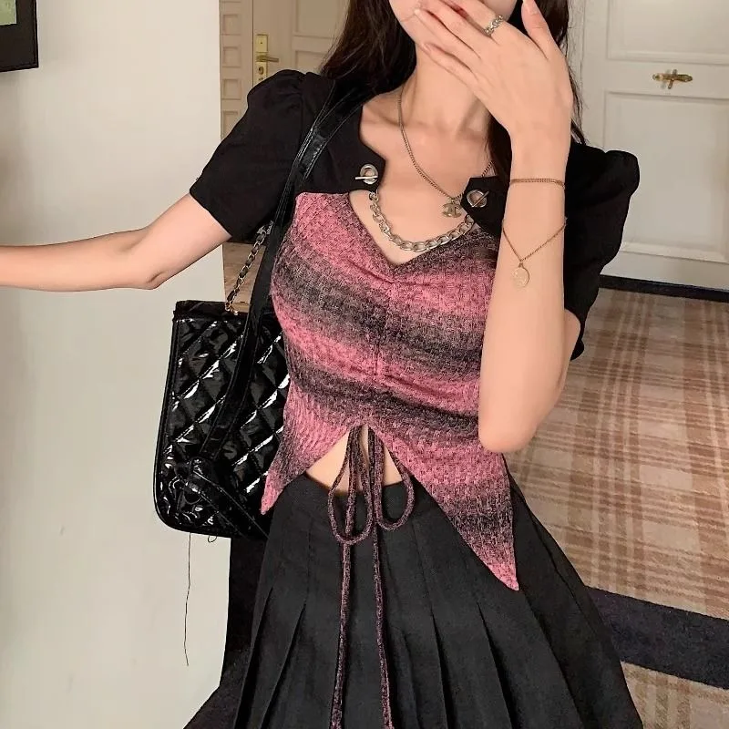 

Топ женский в полоску, милая блузка в стиле пэчворк контрастных цветов, на завязках, с цепочкой на воротнике, модная облегающая летняя шикарная Дамская одежда