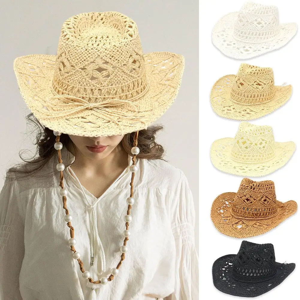 

Handmade Weaving Western Cowboy Straw Hat Hollow Breathable Sunshade Hat for Outdoor Beach Men Women Cowboy Paper Straw Hat D9W2