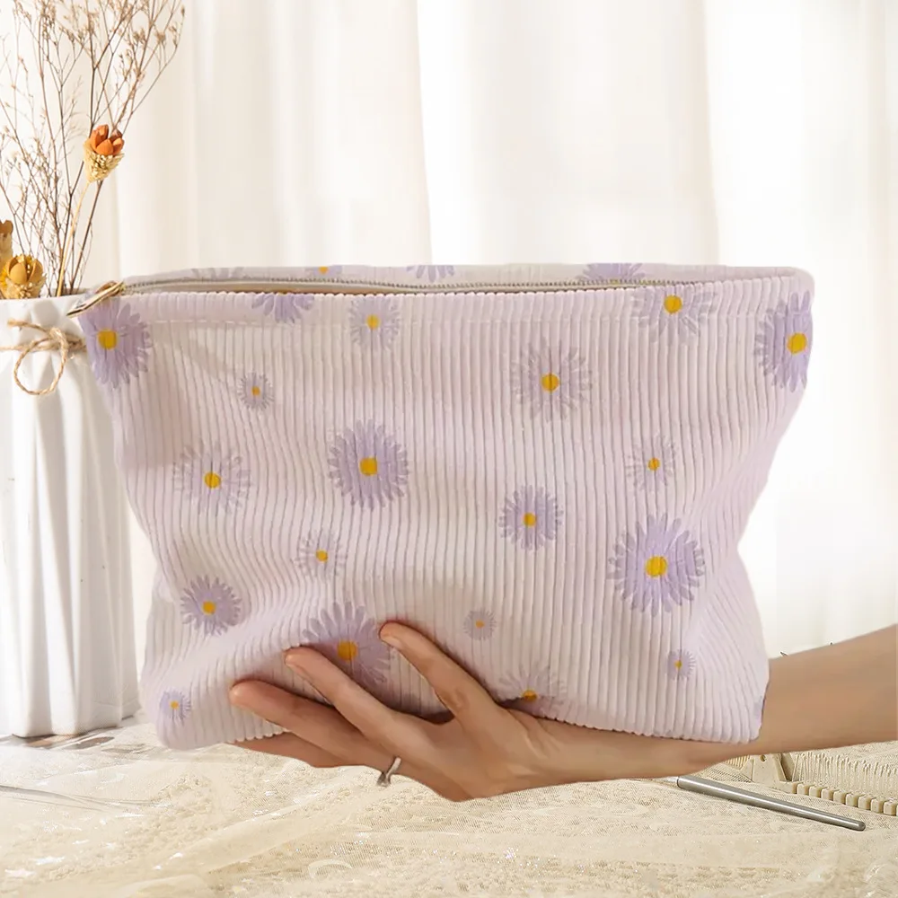 Floral Printed Corduroy Makeup Bag Black Lightweight Zipper Makeup Storage Box Multifunctional Cosmetic Bag With Lining