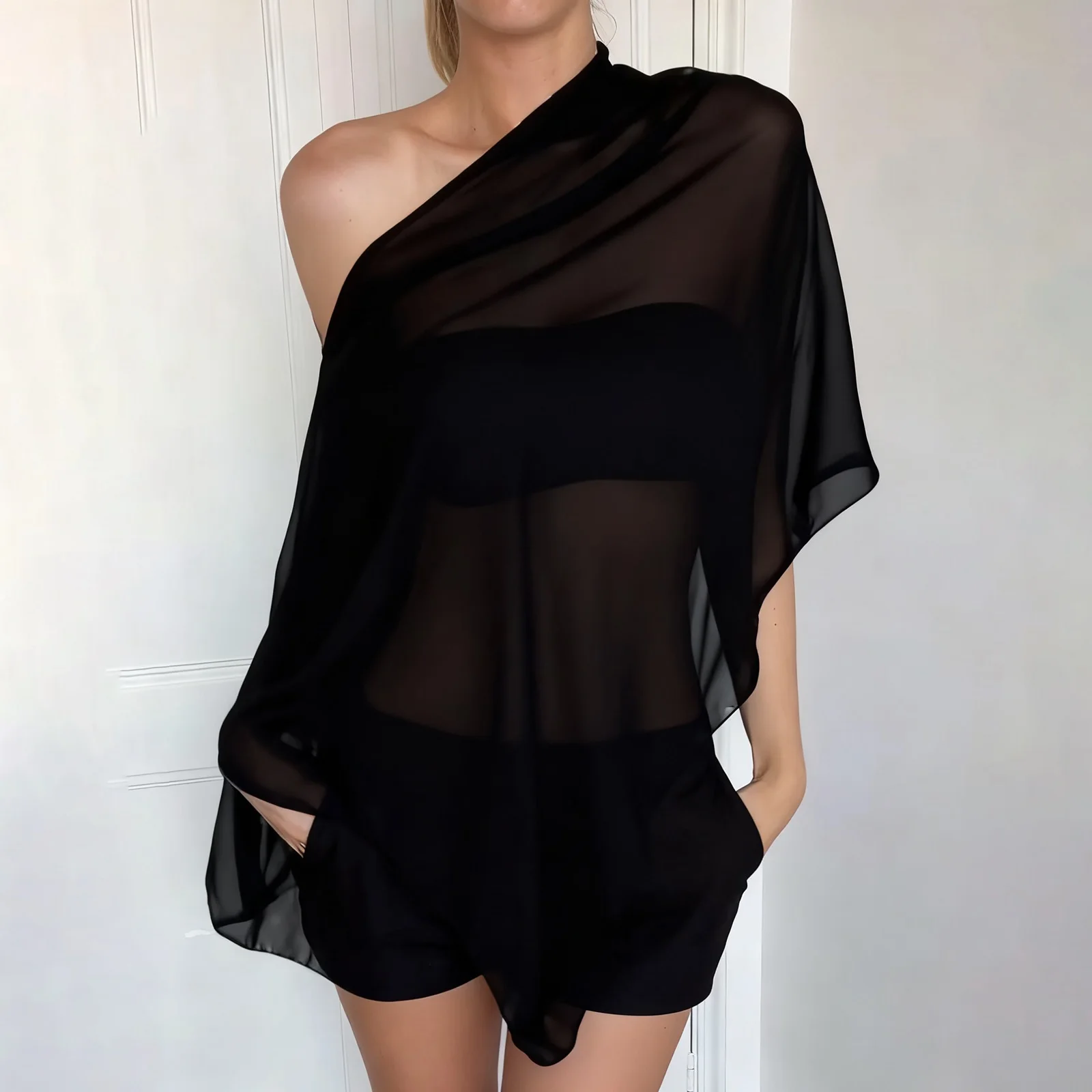 Women Coquette Sexy Sheer Poncho Shawl Asymmetrical Off Shoulder Mesh Flowy Tops Beach Vacation Loose T-shirts Tees Cover-Ups 2