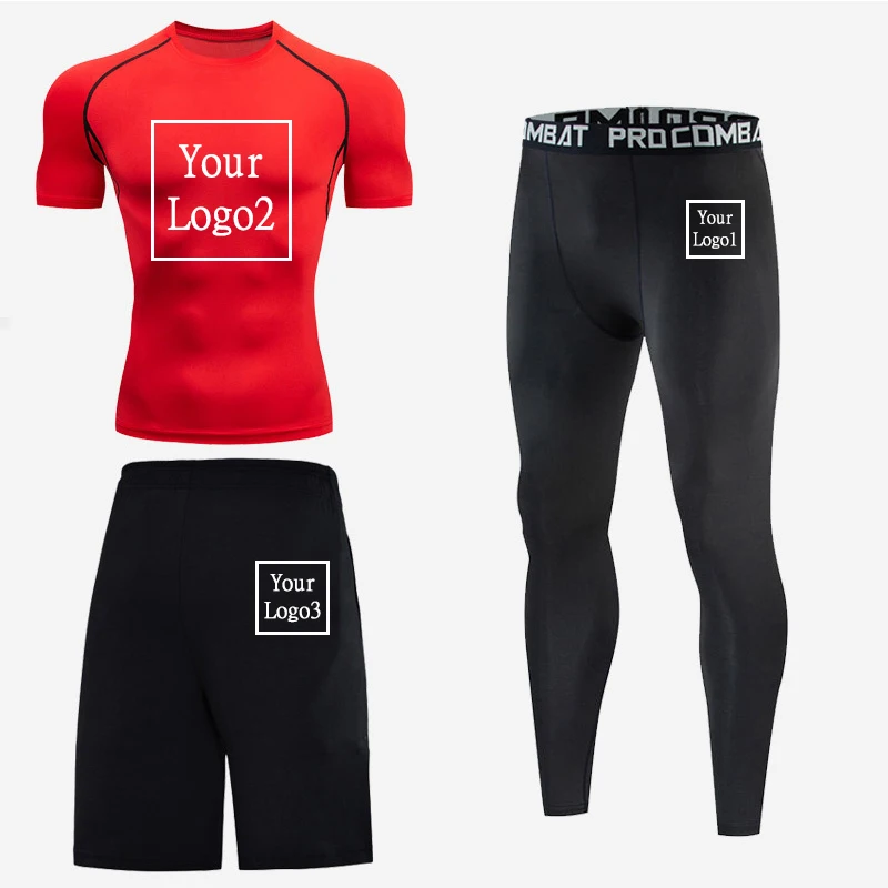 Customer Logo Print Men's Running Tracksuit Training Fitness Sportswear Set Compression Leggings Sport Clothes Gym Sweatpants