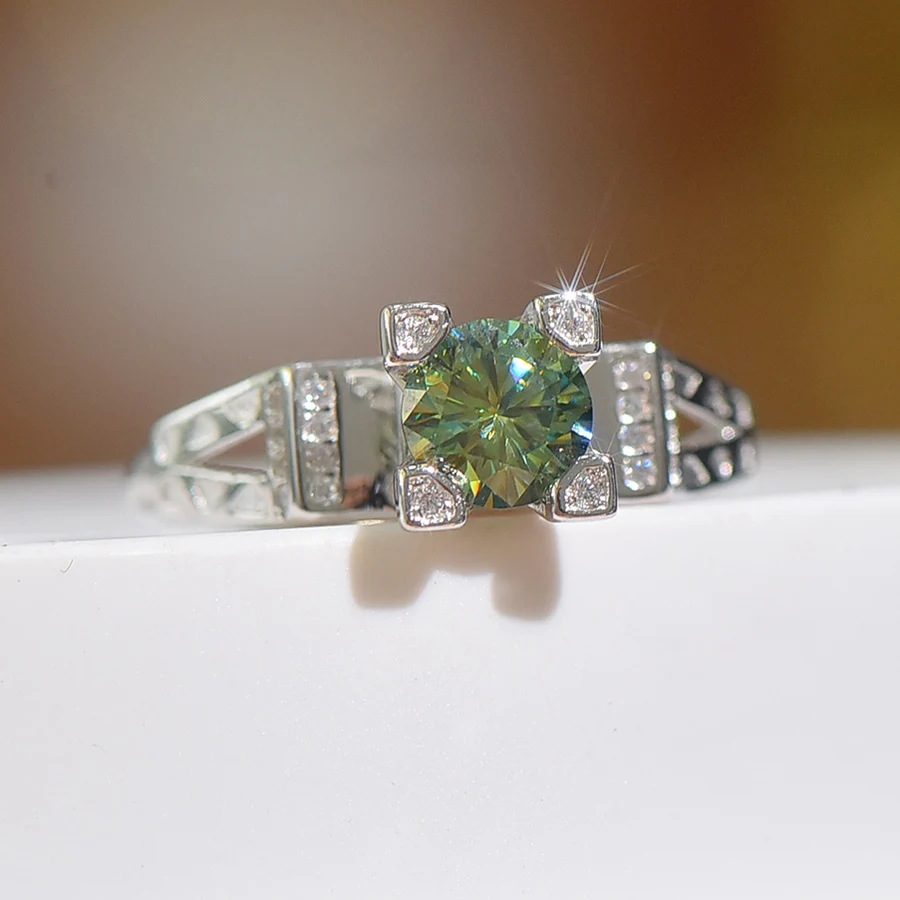 

Luomansi 1CT Green Moissanite Tower Ring with GRA Certificate 100% - S925 Sterling Silver Jewelry Wedding Party Gift