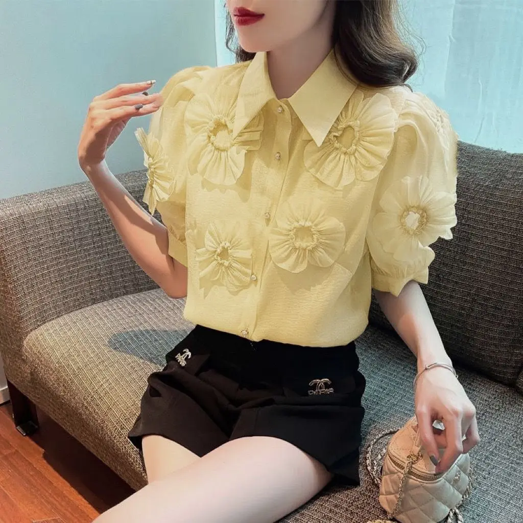 스위트 오피스 레이디 반팔 셔츠, 패치워크 밝은 라인 장식 상의, 2024 새로운 트렌드 단색 블라우스, 여름 패션