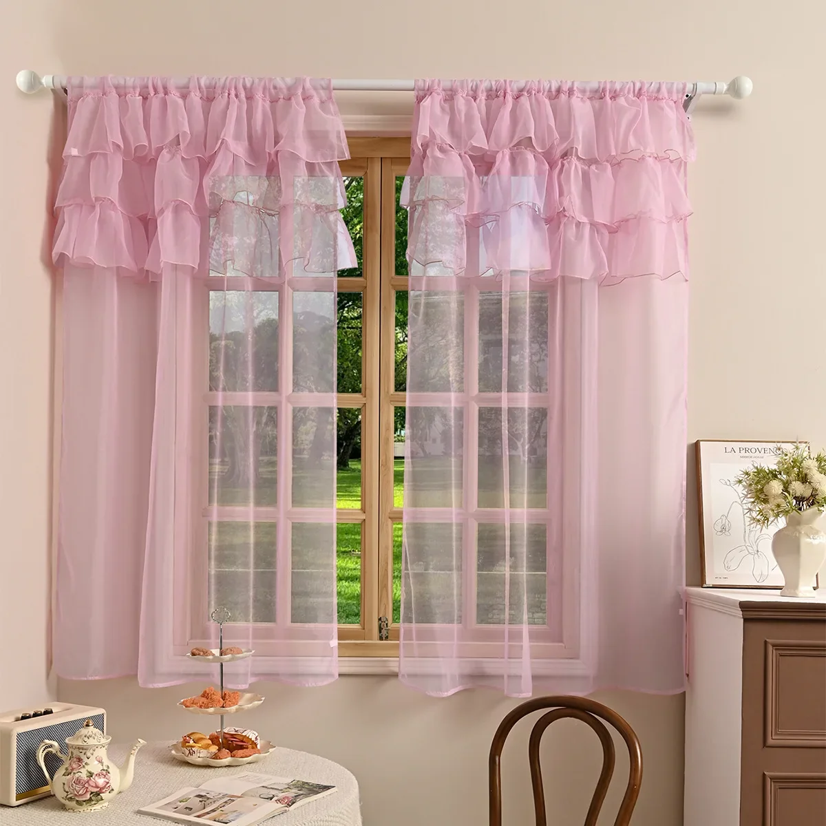 1pc Solid Colour 3 Laces Sheer Curain, Lace Curtains for Living Room, Bedroom