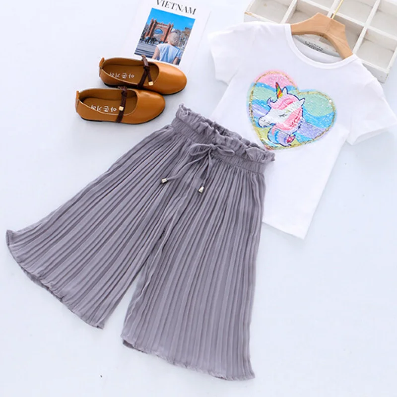 Toddler Girls Clothing Sets Summer Unicorn Sequins Chiffon Pant Sets Kids Trascksuit Outfit Children Clothing