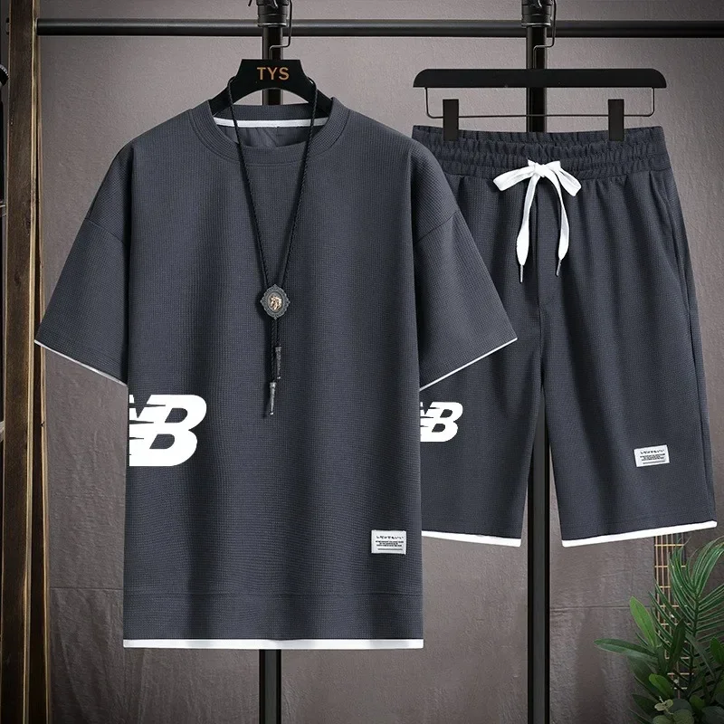 

Summer Sets Men's T-shirt + Shorts Suit Brand Short Sleeve Set Printed Waffle Cotton Tshirts Jogging Sweatpants Male Sport Suit