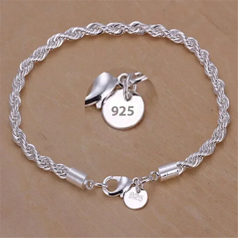 925 Sterling Silver Bracelet 4mm20cm Flat Side Chain Lobster Clasp For Woman Man Wedding Engagement Jewelry 1