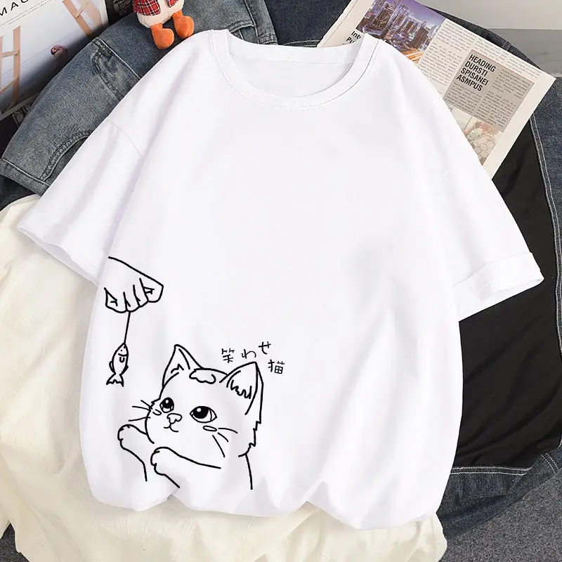 

American Cotton Cute Cat Print Spring/Summer T-shirt Versatile Loose Size Top Student Short Sleeve Round Neck WomenHalf Sleeve