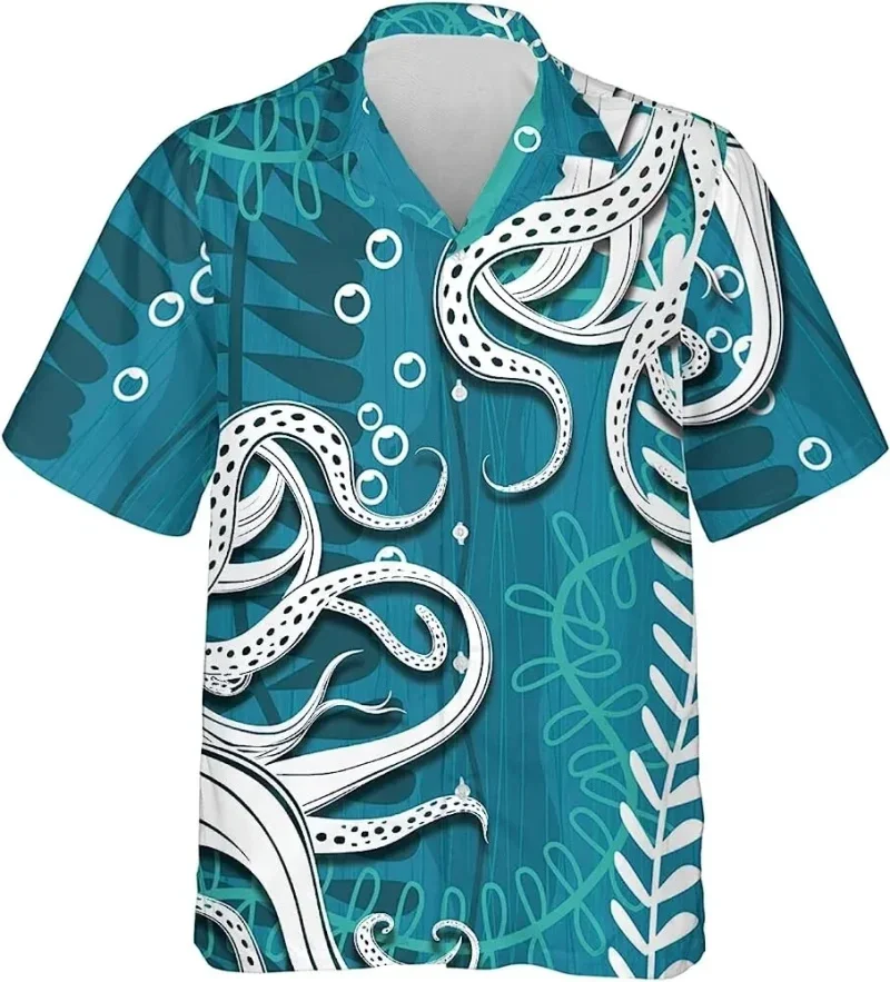 thumbnail image 1 of Camisa de verano para hombre con estampado 3D de pulpo y animales marinos, manga corta, botones de solapa, camisas personalizadas para viajar al trabajo, estilo hawaiano, 1 of 5