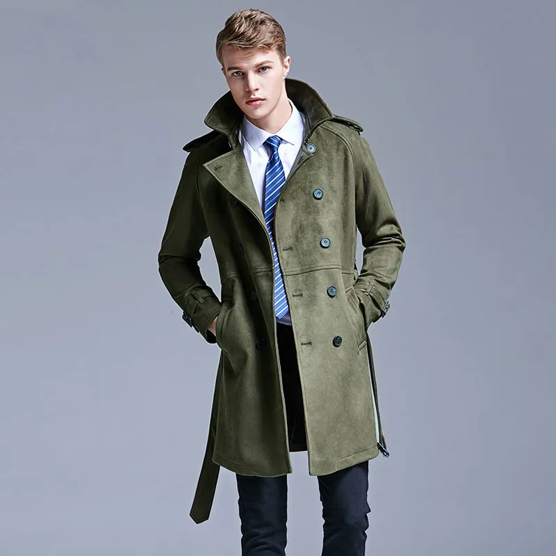 Autumn Winter Simple British Trend Deerskin Windbreaker Men Double Breasted Loose Overcoat Europe Youth Medium Length Wind Coat