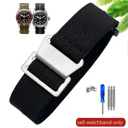 Vintage - Style French Parachute Elastic Nylon Watch Strap - Universal Men's Smartwatch Wristband (Classic 60s Inspired Design) - 22mm (Black - Steel)