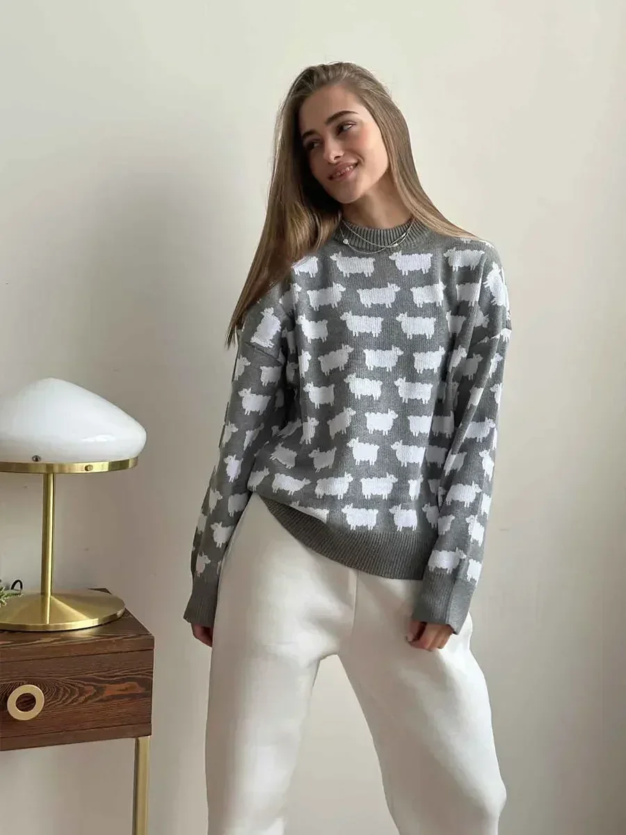 Bornladies O-neck Alpaca Printed Sweater Women's Loose Casual Mid Length  Retro Sweater Autumn Winter New Warm Pullover Top