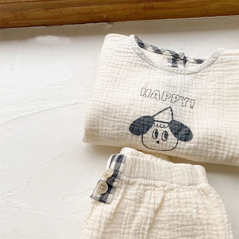 2024 nuovi vestiti di lino di cotone per bambini Set Plaid Cartoon Casual top + pantaloni 2 pezzi Baby Set Cute Boy Girls comodi abiti per neonati - immagine 2