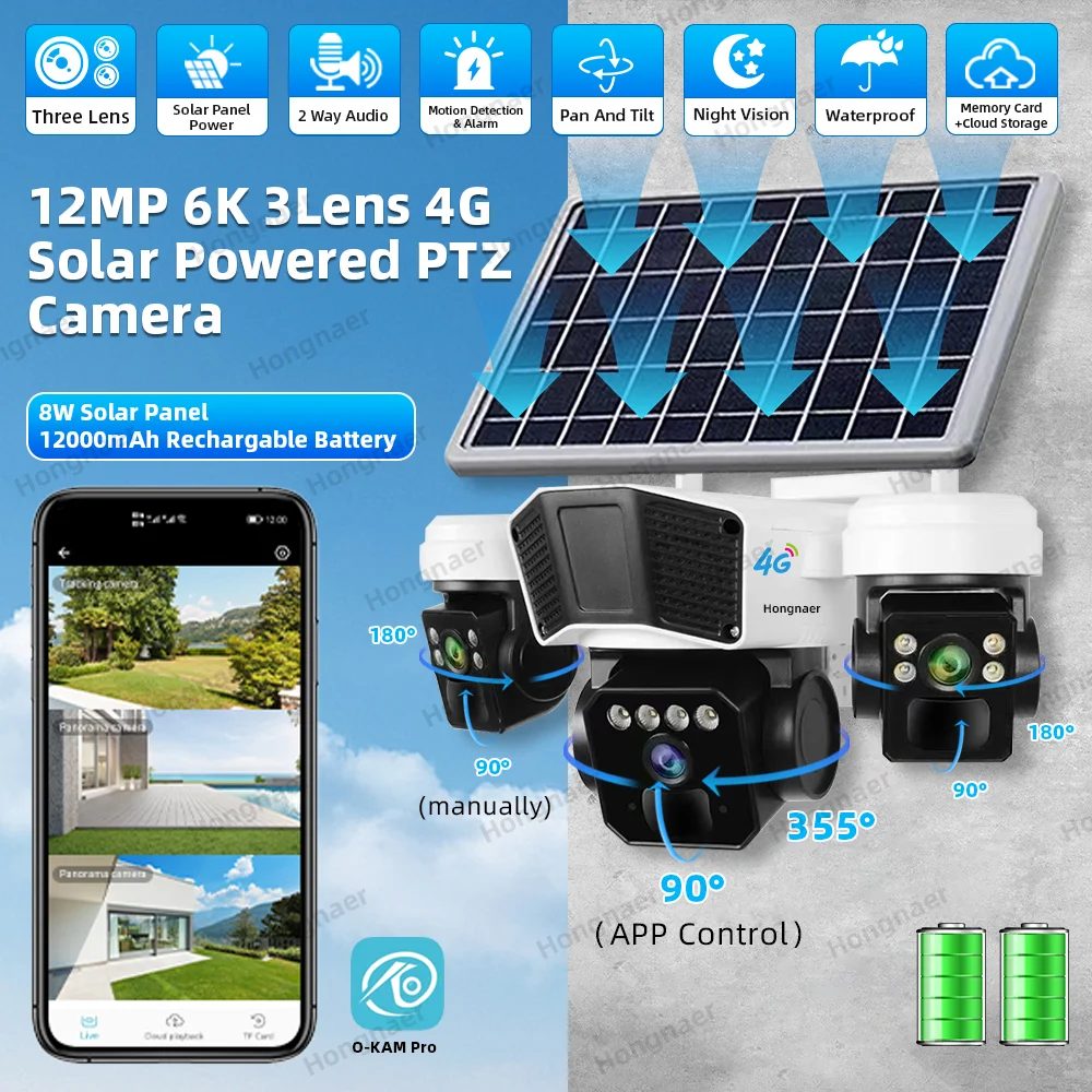 Surveillance Camera Solar Security Camera 12MP 2 Lens 4G Wireless Solar Powered PTZ Camera O-KAM Pro 6K Outdoor CCTV 4G Sim Card