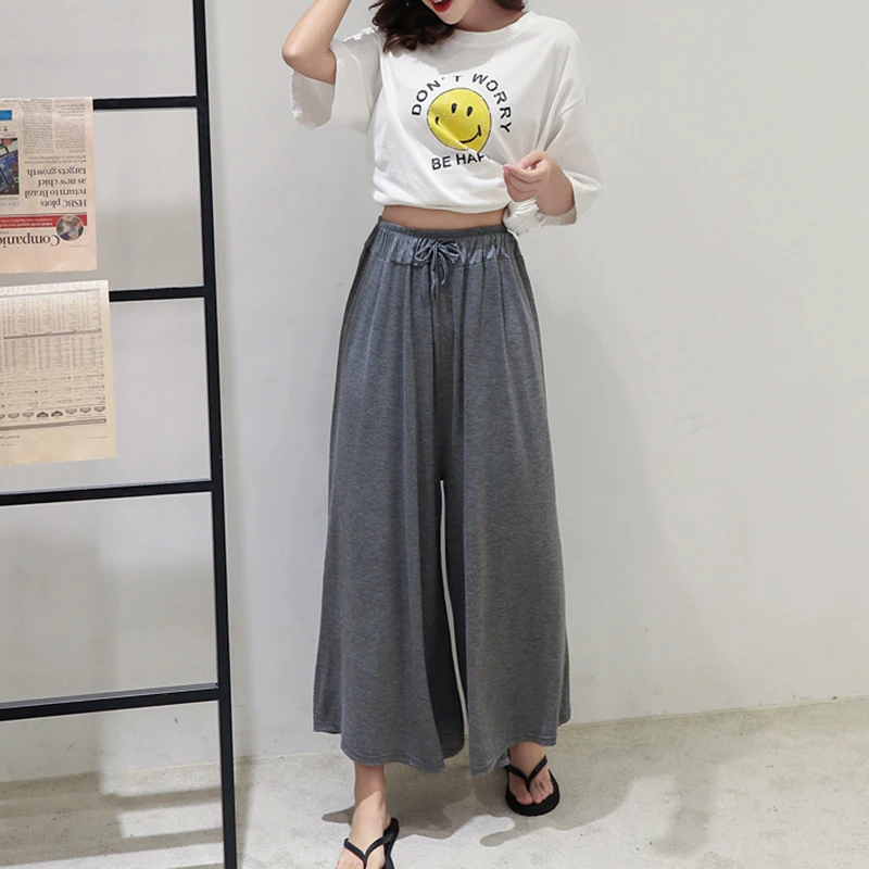 Casual 2025 Lady Trend Elastic Waist Drawstring Lace-up Straight Loose Wide Leg Pants Solid Trouser Summer Solid Women Clothing