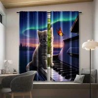 2pcs, Window Drapes Cat with butterfly on piano Protecting Privacy Festive Backdrops for Indoor Use bedroom decor 2