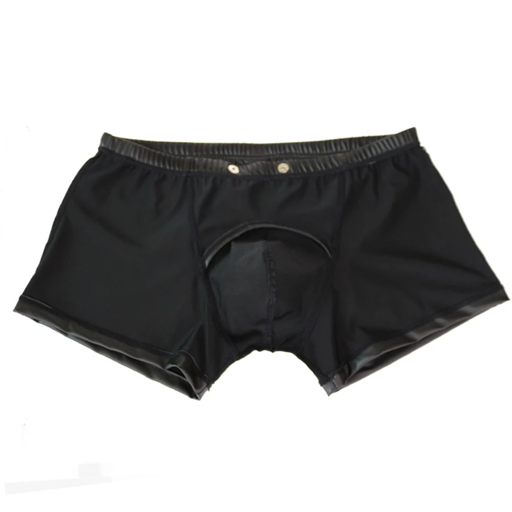 Sexy Men Faux Leather Boxers Shorts Open Crotch U Convex Pouch Boxers Underwear Cool Male Gay Buttons Booty Boxershorts Clubwear