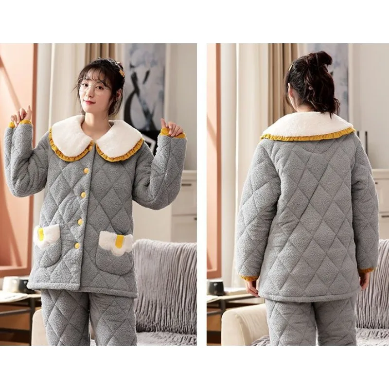 2023 New Triple Layered Cotton Pajamas for Men Women Couples' Homewear Set Autumn Winter Thickened Warm Long Sleeves Loungewear