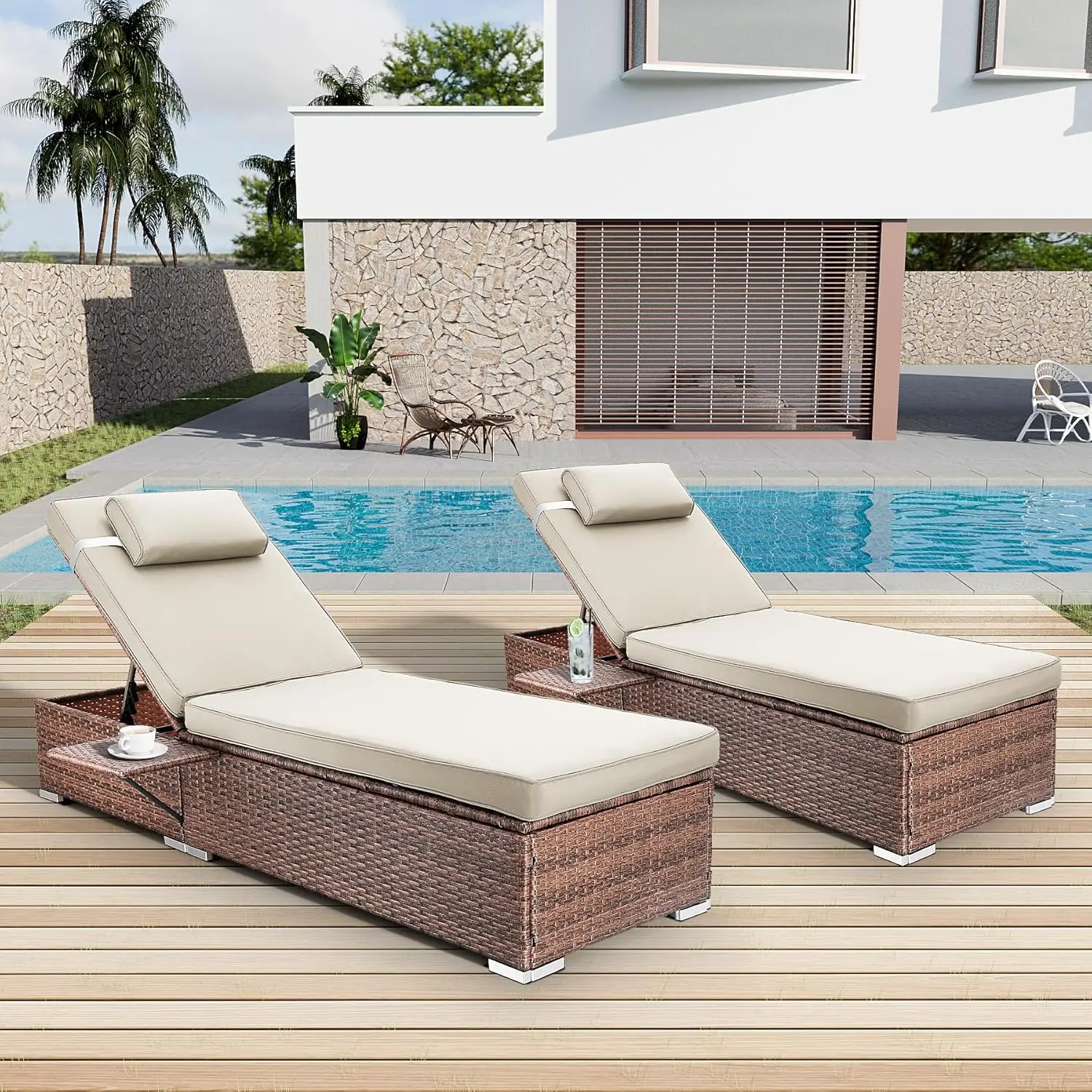2-Pc PE Wicker Lounge Set w/Cup Holder & Adjustable Backrest, Brown Rattan for Poolside/Deck/Beach (Beige Cushions)