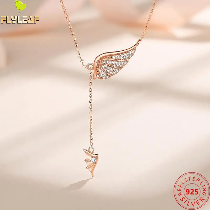 Real 925 Sterling Silver Jewelry Zircon Angel Demon Wings Pendant Necklace Women Rose Gold Plating Original Design Accessories