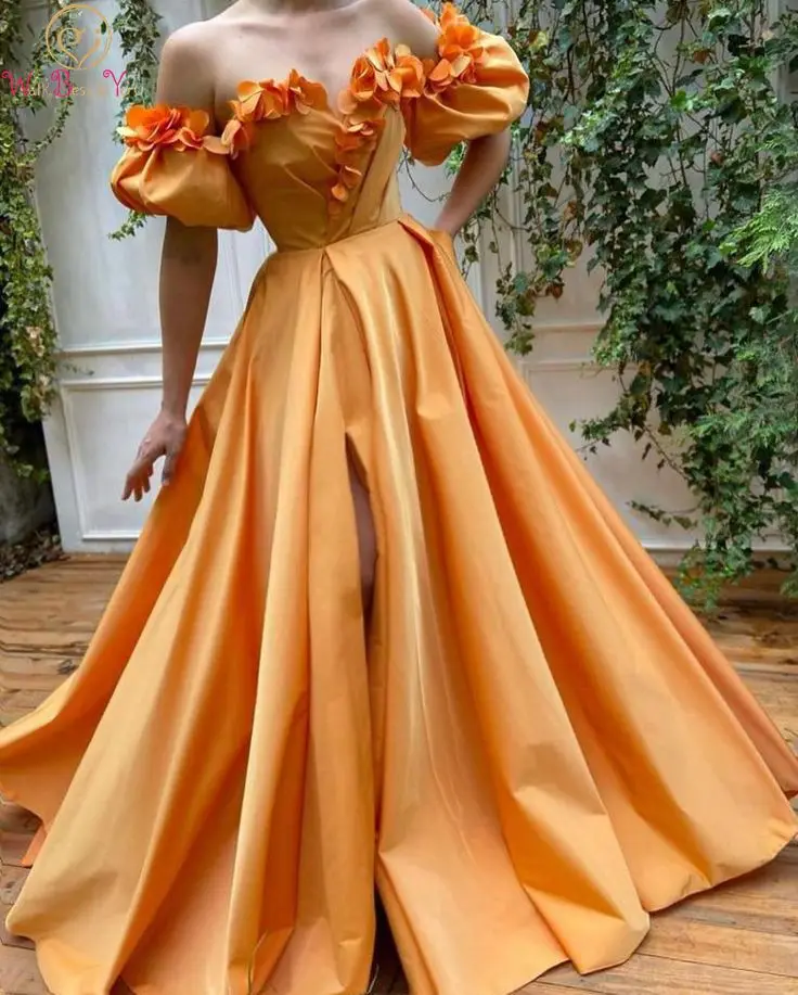 

Orange Evening Dress 2022 Long Front Slit Off Shoulder Floral Taffeta Formal Party Prom Gown A Line Floor Length Occasion Gown