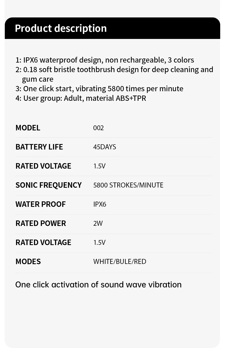 Description Picture 2 of itemJianpai Sonic Electric Toothbrush for Men and Women Adult Household Non Rechargeable Soft Hair IPX6 Waterproof