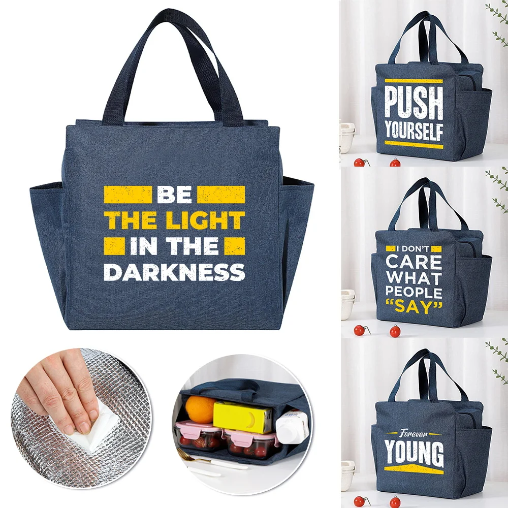 

Insulated Cooler Bag Large Capacity Portable Zipper Thermal Lunch Bags for Women Lunch Box Picnic Food Bag Phrase Pattern