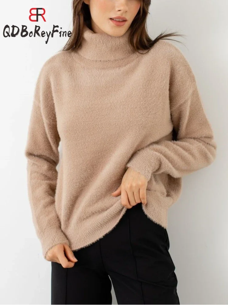 

Winter Warm Women's Turtleneck Casual Knitted Pullover Female Long Sleeve Tops Soft Knitwear White Oversized Sweater Women 2023