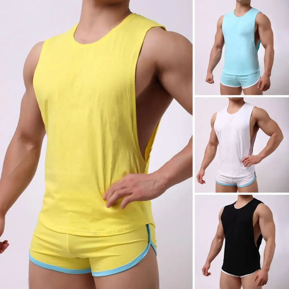 2 Pcs/Set Men Sports Vest Shorts Set Sleeveless Round Neck Elastic Waist Soft Solid Color Breathable Slim Fit Men Summer Top