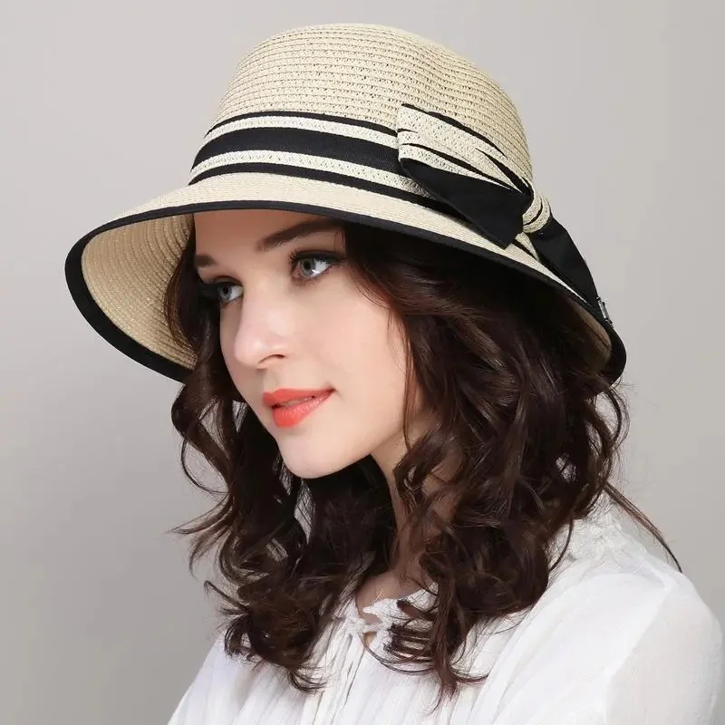 Muchique Boater Hats For Women Summer Sun Straw Hat Wide Brim Beach Hats Girl Outside Travel Straw Cap Casual Bow Hat_voghion.com