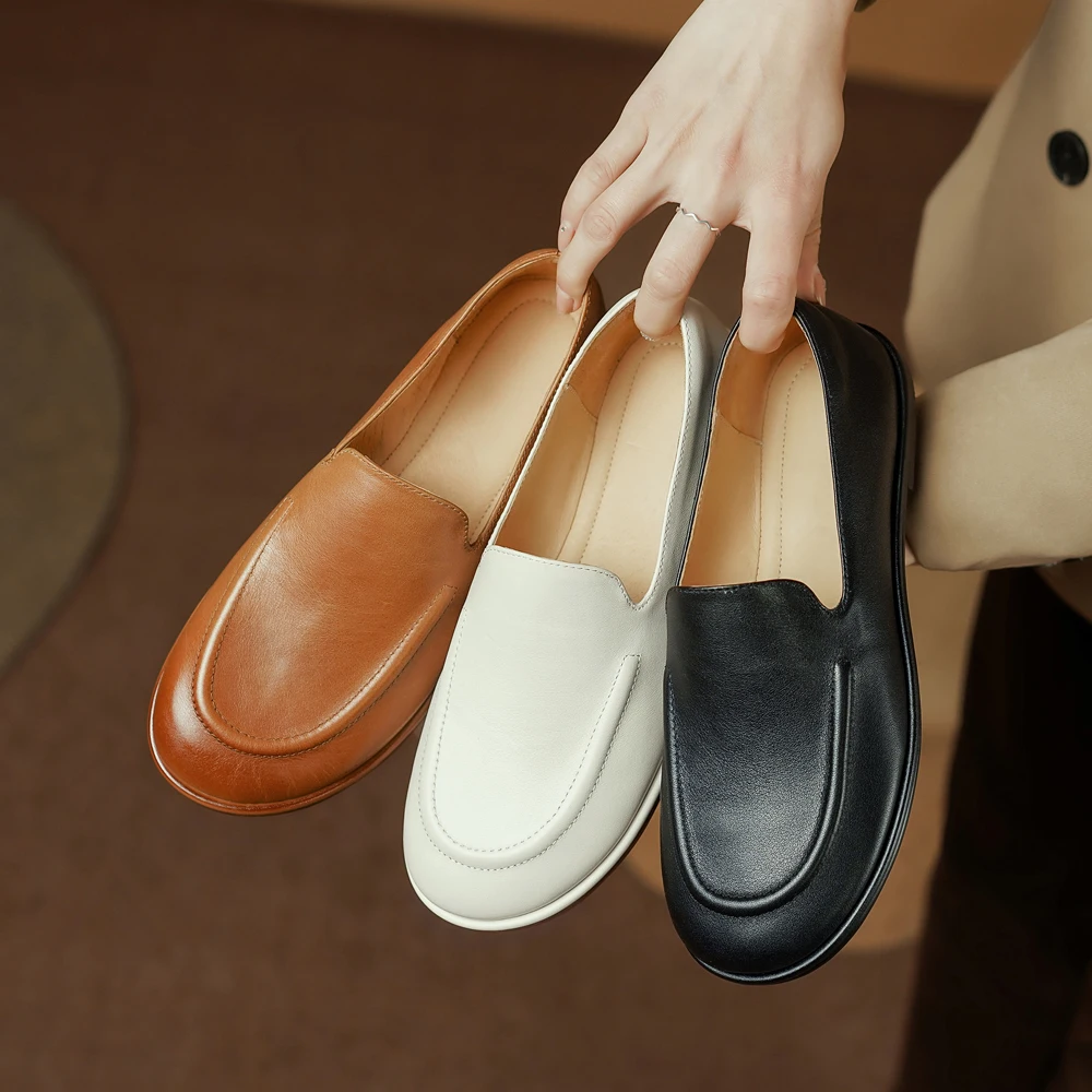 New Women Spring Summer Shoes Fashion Designer Leather Loafers Slip-On  Casual Flats Ladies Round Toes Luxury Short Heels Black