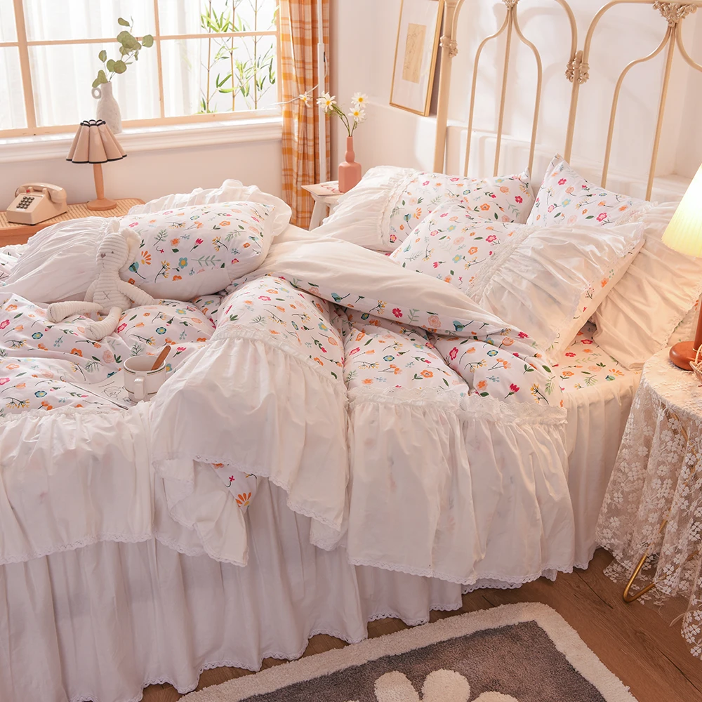 Pink Floral Ruffled Duvet Cover Set, Cotton Bedding Sets