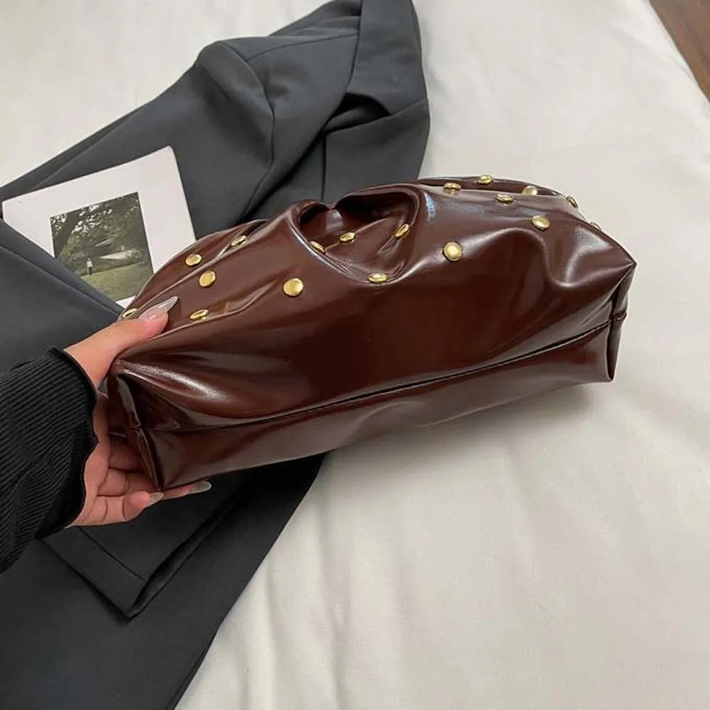 Versatile PU Rivet Clutch Bag Retro Large Capacity Lady Hand-held Purse Solid Color Polyester Pleated Leather Handbag Women - 4