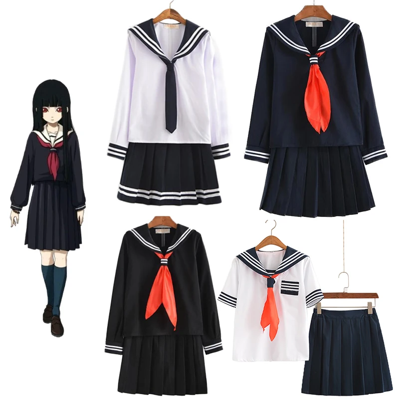 

S-3XL Sailor Suit School Jigoku Shoujo Enma Ai Summer Uniform Students Cloth Tops Skirts Sweater Anime Cosplay Costumes