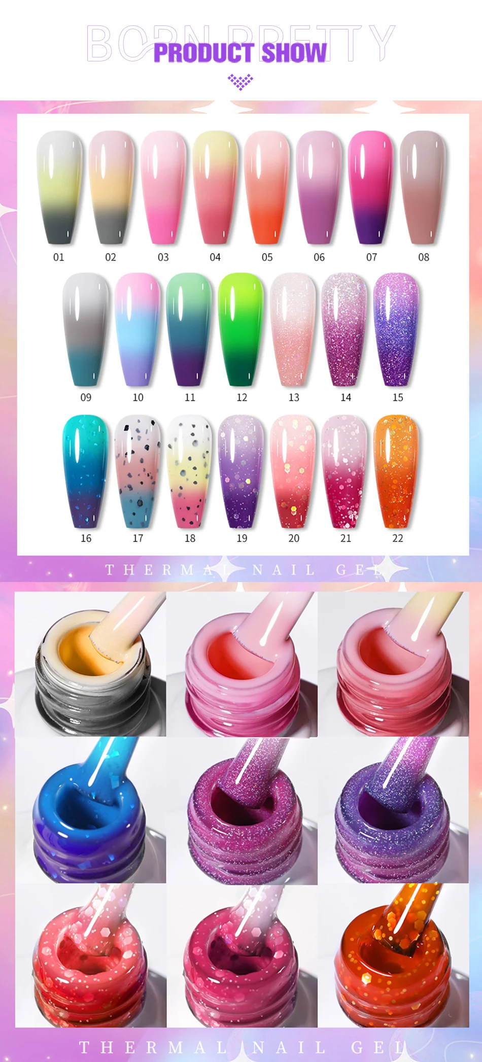 Description Picture 4 of itemBORN PRETTY Glitter Thermal Gel Nail Polish  3 Colors Temperature Color Changing Autumn Winter Nails Semi-permanent Soak Off Nai